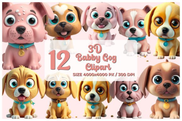 Watercolor 3D Cute Dog Clipart Bundle